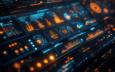 Poster - Closeup of global marketing automation software dashboard, featuring CRM integration, digital process automation, and advanced technology systems in a modern business setting