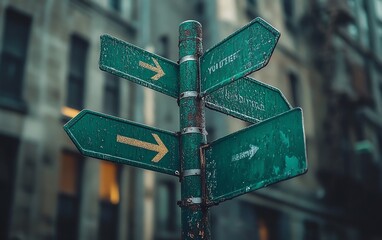 Creative design of green street signs with divergent arrows and YOU DECIDE, illustrating the concept of choice and decisionmaking with a clean, professional backdrop