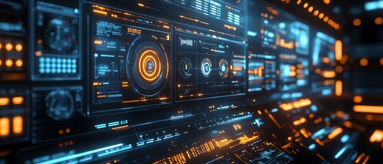 Poster - Futuristic global marketing automation software interface, showcasing business development tools, CRM systems, and advanced digital processes in a sleek, hightech environment