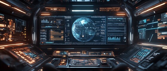 Poster - Futuristic global marketing automation software interface, showcasing business development tools, CRM systems, and advanced digital processes in a sleek, hightech environment