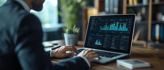 Poster - Modern office setting with a businessman in a suit displaying digital supply chain management software on a laptop, featuring interactive dashboards and datadriven insights