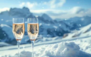 Glasses of champagne on snowy mountains background. Christmas and New Year holidays concept