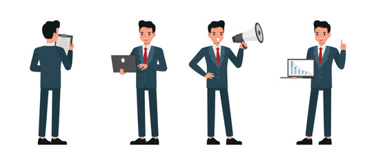 Wall Mural - Business man wear blue suit and working in office character vector illustration design set. Presentation in various action.