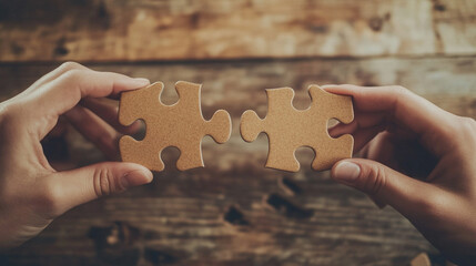 Two hands hold individual jigsaw puzzle pieces, symbolizing teamwork and collaboration in solving complex problems and finding solutions.