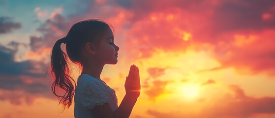 Silhouette of a girl child praying with clasped hands, vibrant sunset or sunrise sky, prayer concept, union, and yearning for spiritual reflection