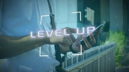 Wall Mural - Animation of level up text over caucasian businessman using smartphone