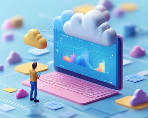 Fototapete - Modern flat design cloud computing concept, 3D illustration of Qadir, male figure, gaining access to cloud storage and uploading data, data center infrastructure