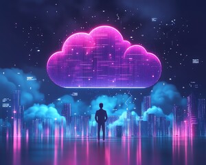 Aufkleber - Modern flat design cloud computing concept, 3D illustration of Qadir, male figure, gaining access to cloud storage and uploading data, data center infrastructure