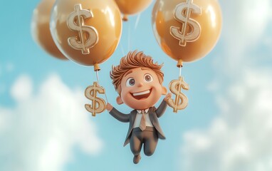 Male figure Qadir in business suit, smiling and holding dollar sign balloons, soaring in the sky, 3D illustration, concept of wealth and abundance, 3D rendering on white background