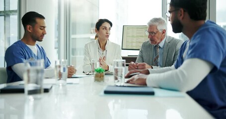 Aufkleber - Business people, doctors and planning with healthcare investor for medical research, facility funding and vaccine study trial. Medicine, teamwork and hospital development with ngo partnership advice