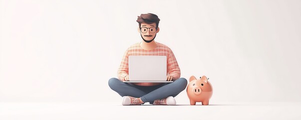 Male figure Qadir in 3D illustration, sitting with laptop notebook on piggy bank, white background, isolated setting, 3D people collection, funds management concept