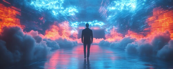 Aufkleber - Male figure Qadir in 3D illustration, big data and cloud computing, using remote servers to analyze large data sets and identify errors, actionable data concept