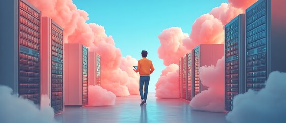 Leinwandbilder - Flat design 3D illustration of Qadir, male figure, accessing cloud storage and uploading data, cloud computing concept, modern data center infrastructure and service