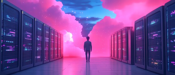 Aufkleber - Flat design 3D illustration of Qadir, male figure, accessing cloud storage and uploading data, cloud computing concept, modern data center infrastructure and service