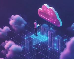 Aufkleber - Cloud computing concept in flat design, 3D illustration of Qadir, male figure, gaining access to cloud storage and uploading data, modern data center infrastructure