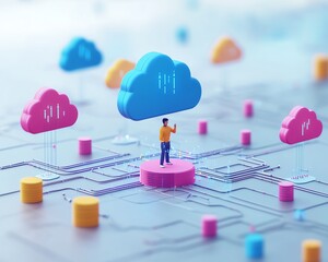Aufkleber - Cloud computing concept in flat design, 3D illustration of Qadir, male figure, gaining access to cloud storage and uploading data, modern data center infrastructure