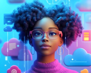 Aufkleber - Cloud computing concept featuring African American woman Coco in 3D illustration, using cloud service server for data processing and storage, blogging and mobile app focus