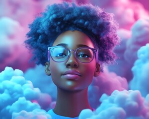 Aufkleber - Cloud computing concept featuring African American woman Coco in 3D illustration, using cloud service server for data processing and storage, blogging and mobile app focus