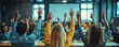 © Nattapat - Business group of diverse professionals raising hands at conference event