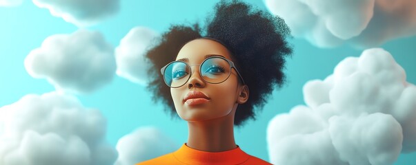 Poster - African American woman Coco in 3D illustration, cloud computing concept set, managing cloud service server for data storage, processing, and promotional materials