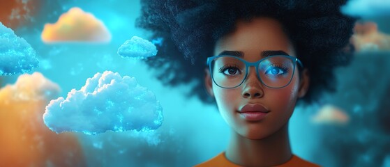 Poster - African American woman Coco in 3D illustration, cloud computing concept set, managing cloud service server for data storage, processing, and promotional materials