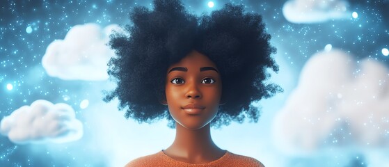 Poster - African American woman Coco in 3D illustration, cloud computing concept set, managing cloud service server for data storage, processing, and promotional materials