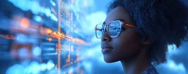Leinwandbilder - African American woman Coco in 3D illustration, cloud computing concept set, managing cloud service server for data storage, processing, and promotional materials