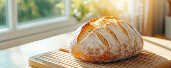 Artisan gluten-free sourdough loaf cooling on a wooden rack, with a window in the background, soft sunlight streaming in