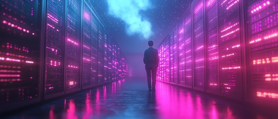 Poster - 3D illustration of Qadir, male figure, engaged in big data and cloud computing, analyzing large data sets on remote servers, recognizing mistakes, actionable data concept