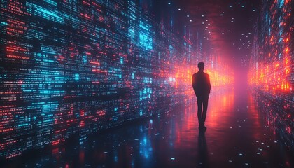 Aufkleber - 3D illustration of Qadir, male figure, involved in big data and cloud computing, analyzing large data sets with remote servers, recognizing mistakes, actionable data concept