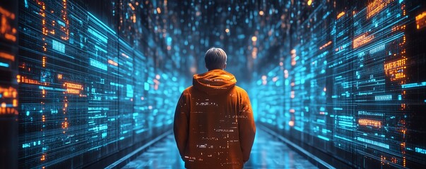 Aufkleber - 3D illustration of male figure Qadir using remote servers for big data and cloud computing, analyzing large data sets and recognizing mistakes, actionable data concept