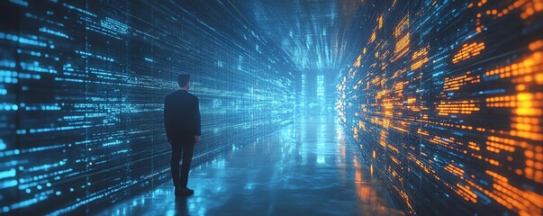 Aufkleber - 3D illustration of male figure Qadir using remote servers for big data and cloud computing, analyzing large data sets and recognizing mistakes, actionable data concept