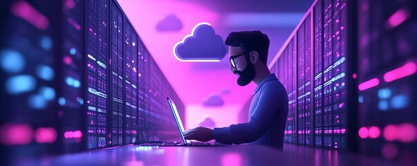 Aufkleber - 3D illustration of male figure Qadir in cloud computing concept, modern flat design, accessing cloud storage and uploading data, data center infrastructure