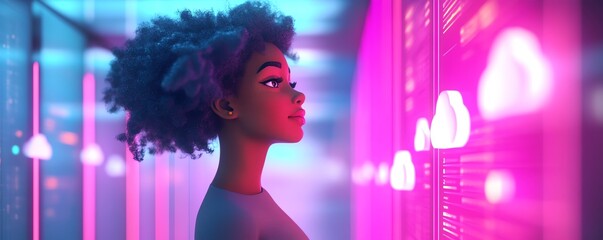 Aufkleber - 3D illustration of Coco, African American woman, with cloud computing server for data storage and processing, blogging, website, and mobile app, modern concept