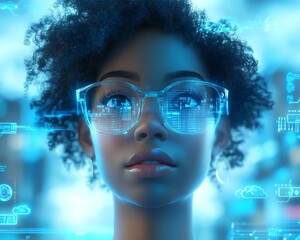 Aufkleber - 3D illustration of African American woman Coco in cloud computing concept, interacting with cloud service server for data storage and processing, blogging and mobile app focus