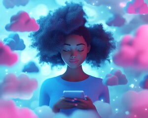 Aufkleber - 3D illustration of African American woman Coco in cloud computing concept, interacting with cloud service server for data storage and processing, blogging and mobile app focus