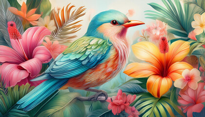 colorful bird with tropical concept  wall decoration  wall art