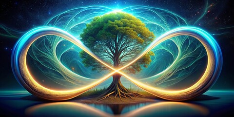 the mystical tree of life bursts forth from an endless loop, embodying the intricate web of relation