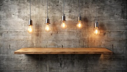 A mock-up wooden shelf on a concrete wall with a party light bulb background, perfect for showcasing products or designs