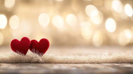 Banner featuring two red hearts on a rustic table with soft lights, set against a wooden background. This Valentine's Day concept creates a warm and romantic atmosphere, 