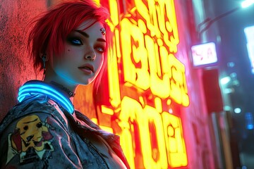 3d rendering of a cyberpunk girl in stylish jacket with blue el wire standing near yellow neon light sign on street. Portrait against a neon sign. Modern glow night city. Girl with short red hair, ai