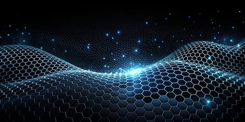 Futuristic black hexagon background with a wave of particles