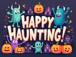 Wall Mural - Happy Haunting! Halloween Night Scene with Cute Monster Characters and Jack-o'-Lanterns