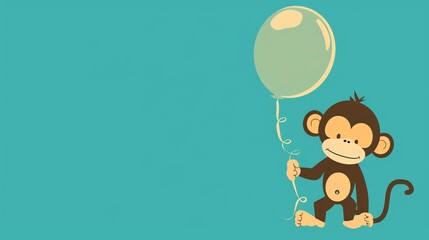 Wall Mural - A cartoon monkey holding a balloon on a teal background.