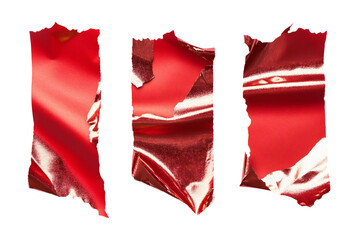 Shiny pieces of red torn paper with jagged edges, isolated elements for modern design and decoration