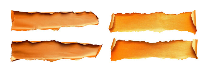 Realistic orange torn paper strips with jagged edges, isolated element on a transparent background