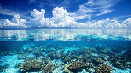 Wall Mural - pristine blue sea with half submerged underwater, showcasing a tranquil balance between the clear sky above and the aquatic world below