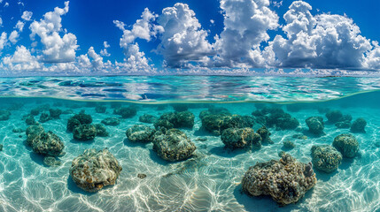 Wall Mural - pristine blue sea with half submerged underwater, showcasing a tranquil balance between the clear sky above and the aquatic world below