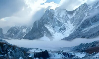 Wall Mural - Alpine glacier snaking through rugged mountain terrain, icy wilderness, glacial majesty, polar landscape. Video