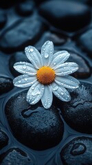 Wall Mural - White daisy on wet stones